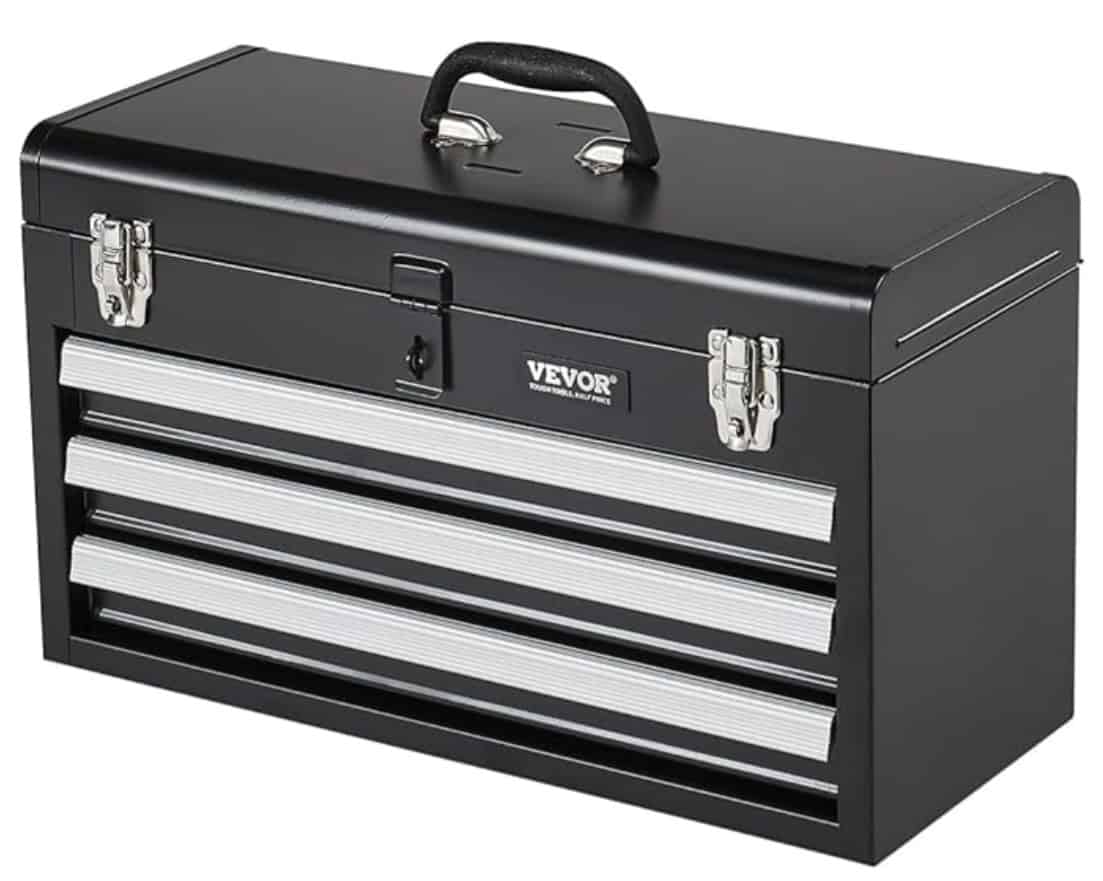 Portable tool box with drawers for essential repair tools and hardware.