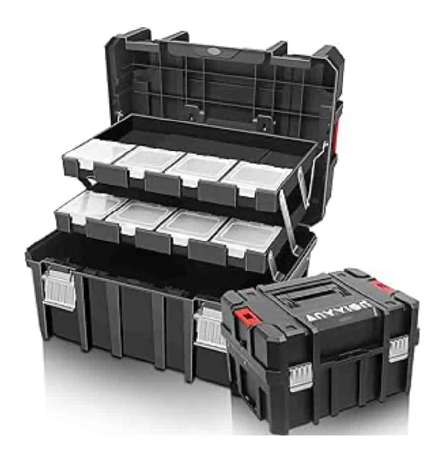 Durable plastic toolbox with organized compartments for tools and hardware.