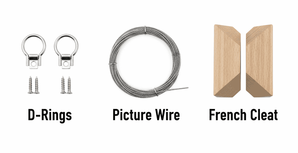 D-Rings, Picture Wire, and French Cleat for heavy mirror installation.