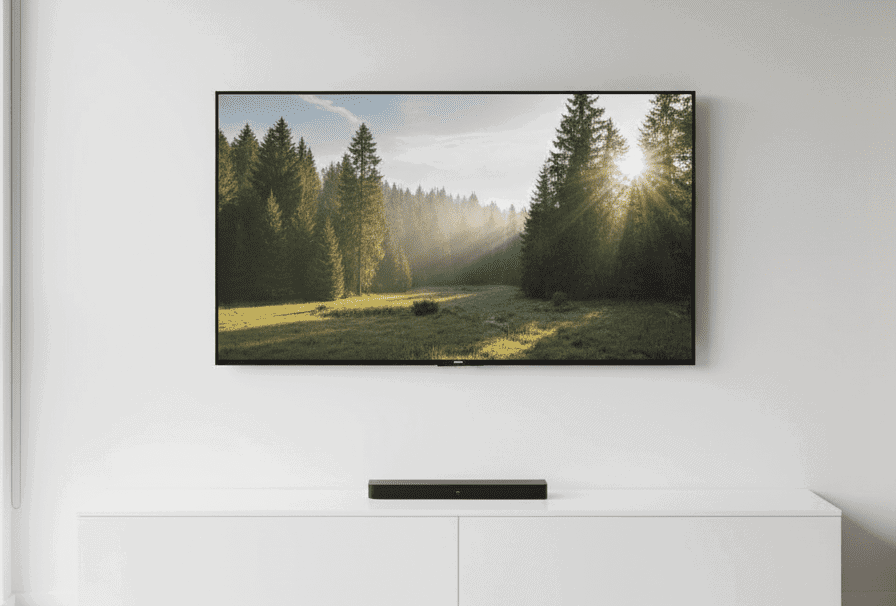 Flat-screen TV mounted on a white wall in a modern living room.