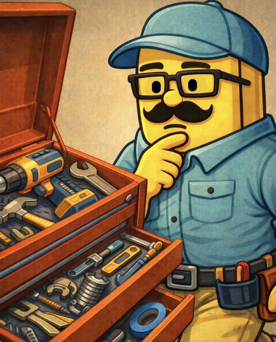 Cartoon handyman with toolbox filled with tools in a game room setting.