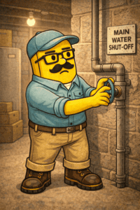 Cartoon character turning off main water valve in basement.