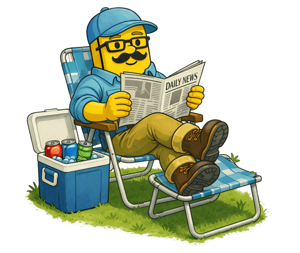 A cartoon character relaxing outdoors with a newspaper, cooler, and lawn chair.