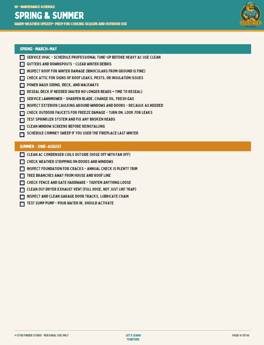 Seasonal Checklist page from the Homeowner's Binder