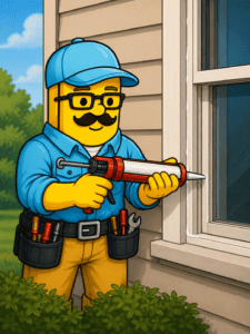 Cartoon handyman applying caulk to window with a caulking gun.
