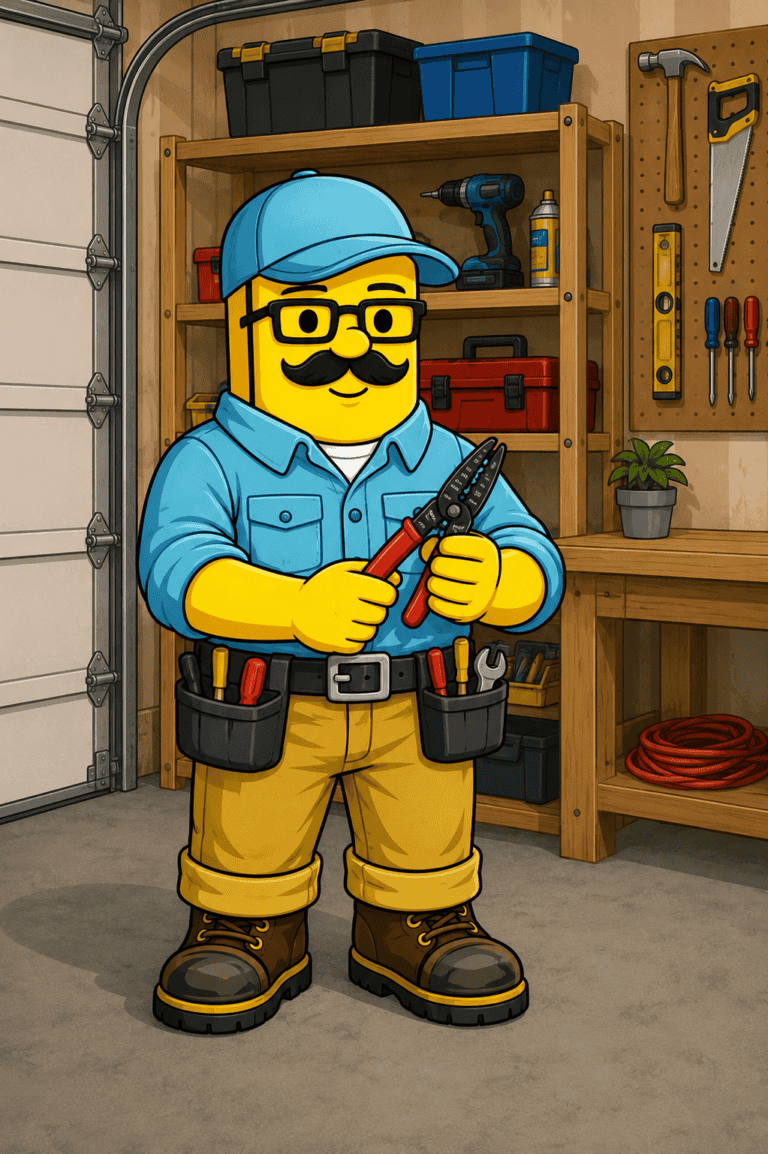 Cartoon character with wire stripper in workshop setting.
