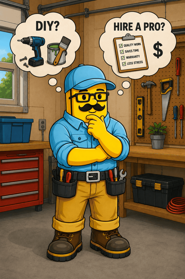 Cartoon handyman weighing DIY vs. professional services for home projects.