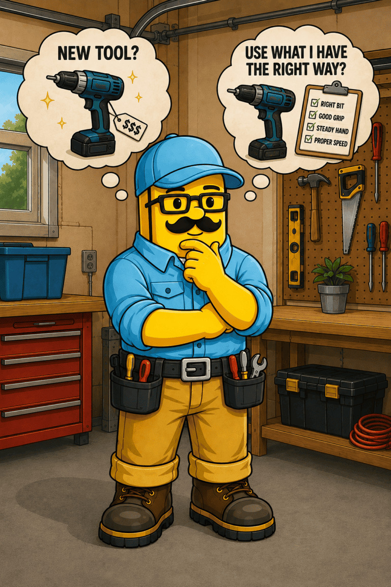 Cartoon handyman evaluating a drill and a screwdriver in a workshop.