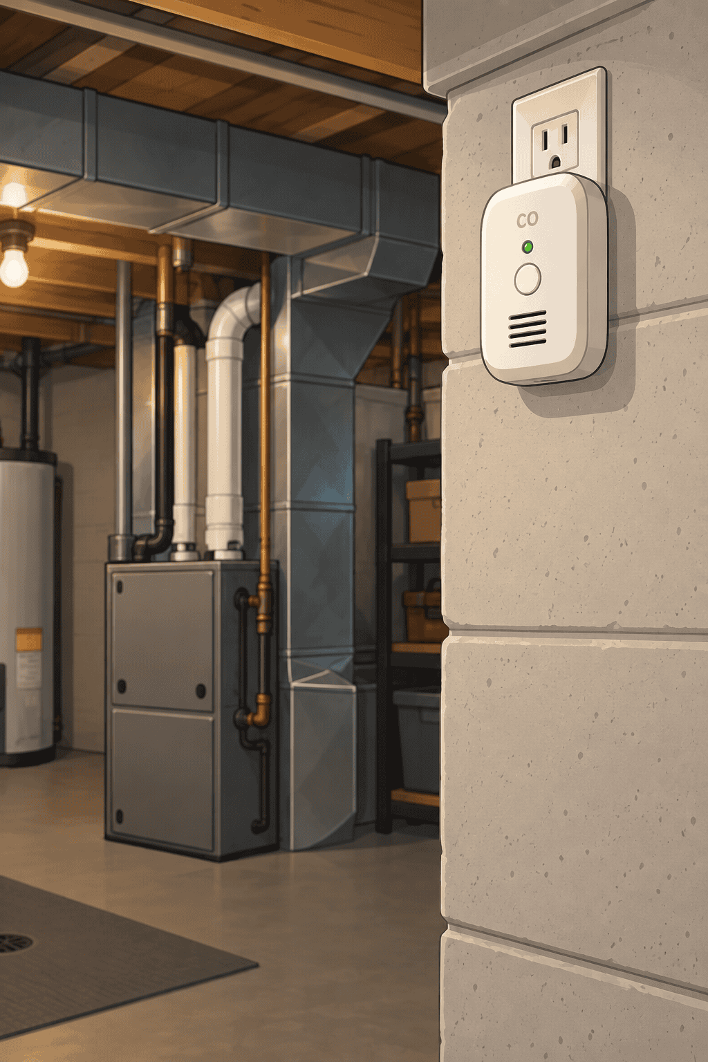 Carbon monoxide detector plugged in near a basement ceiling