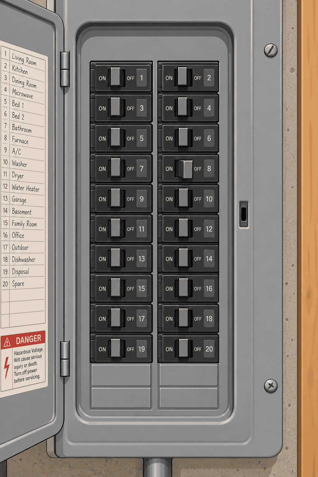 Open breaker panel showing a row of circuit breakers