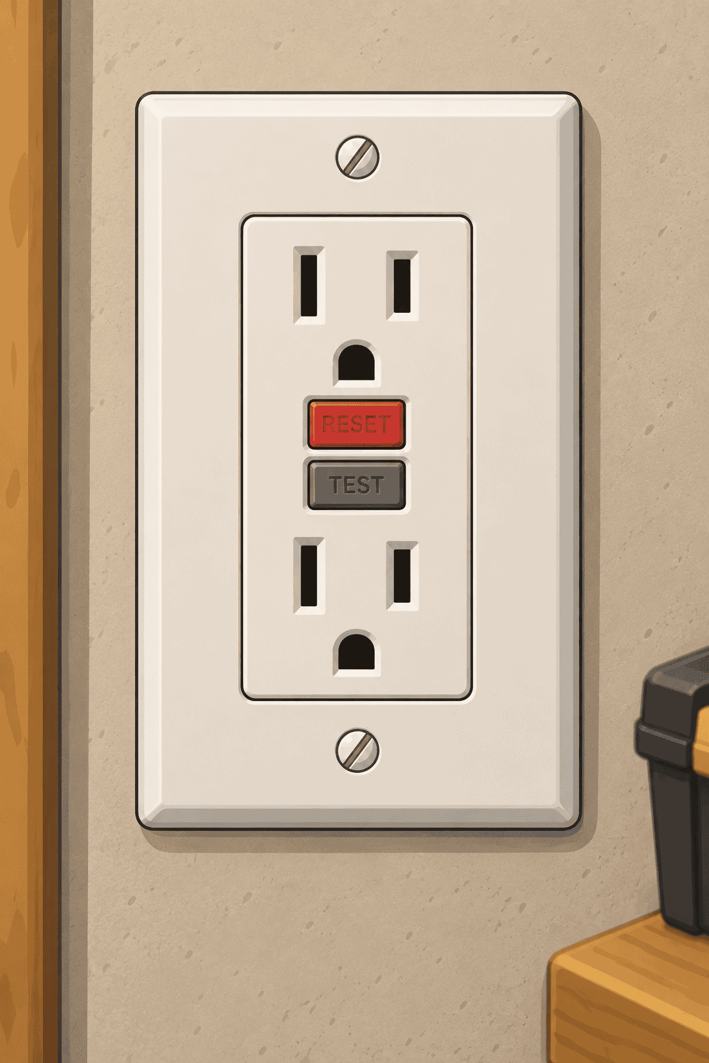 Close up of a GFCI outlet test and reset buttons