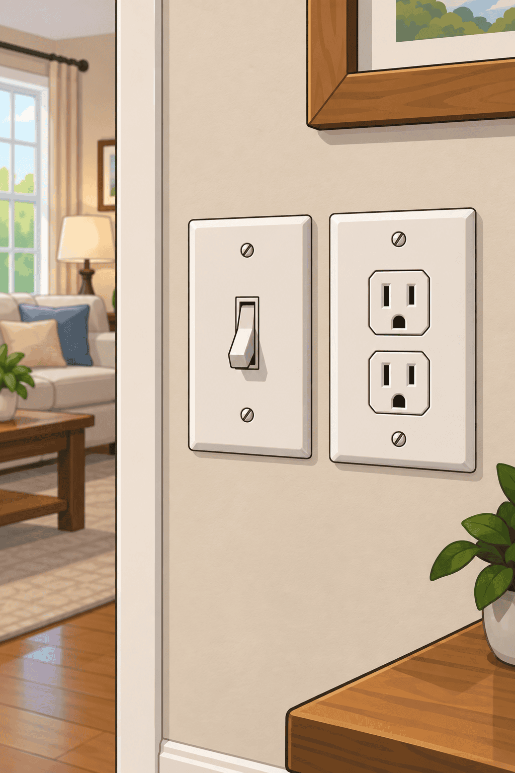 Wall switch mounted next to an electrical outlet