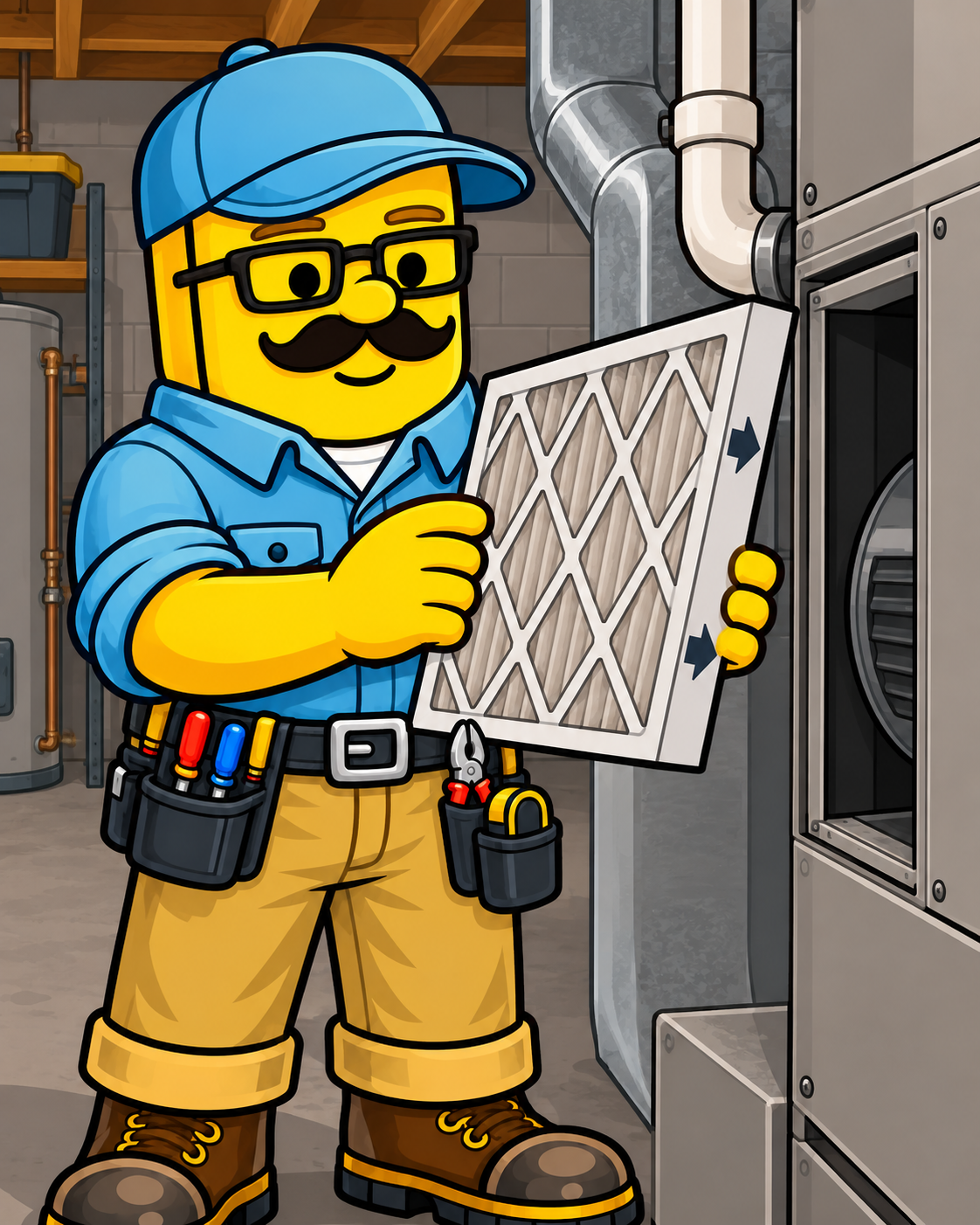 Illustrated homeowner holding an air filter beside a furnace
