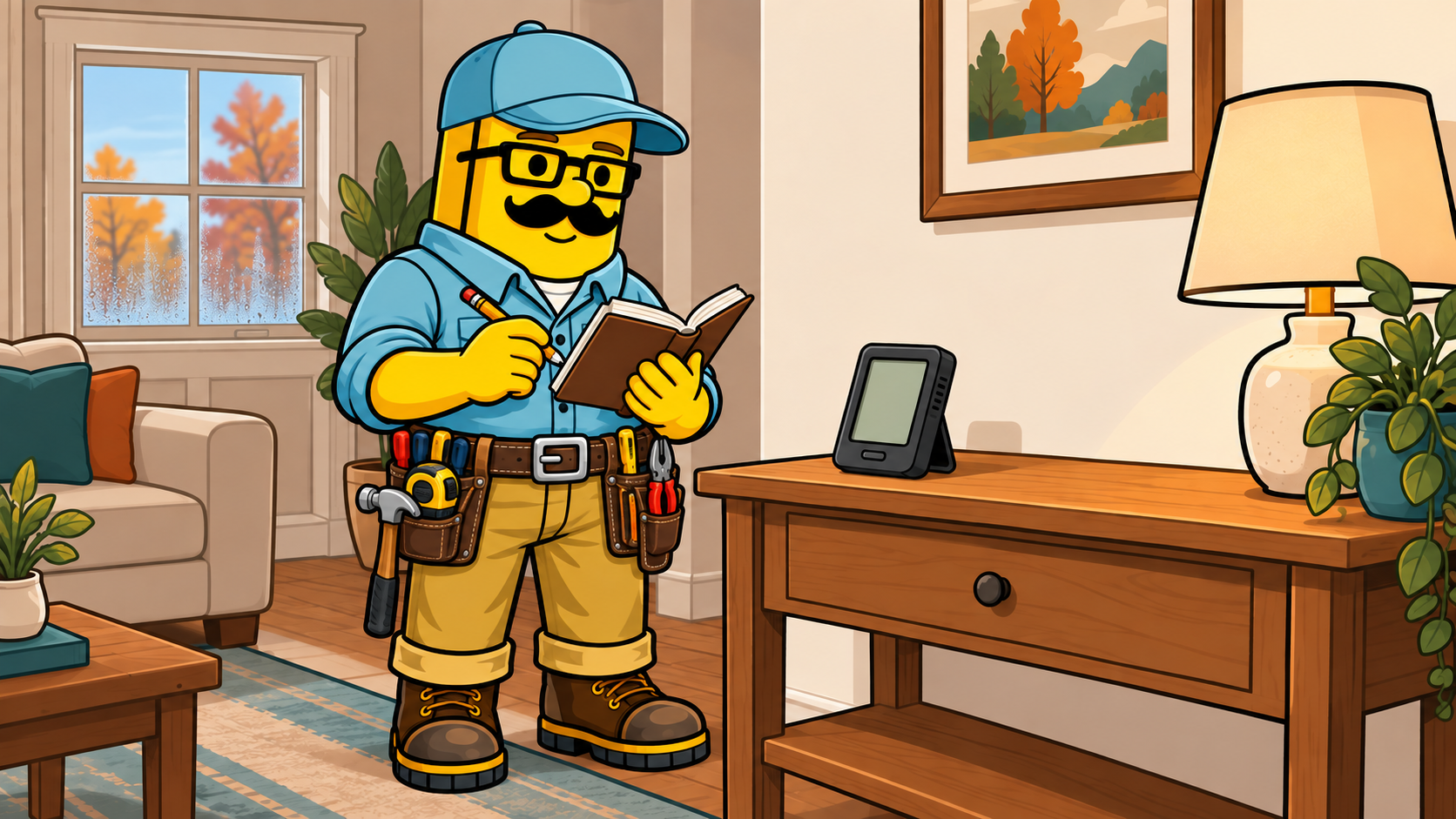 Stud Finder Studio character checking a digital humidity meter indoors.