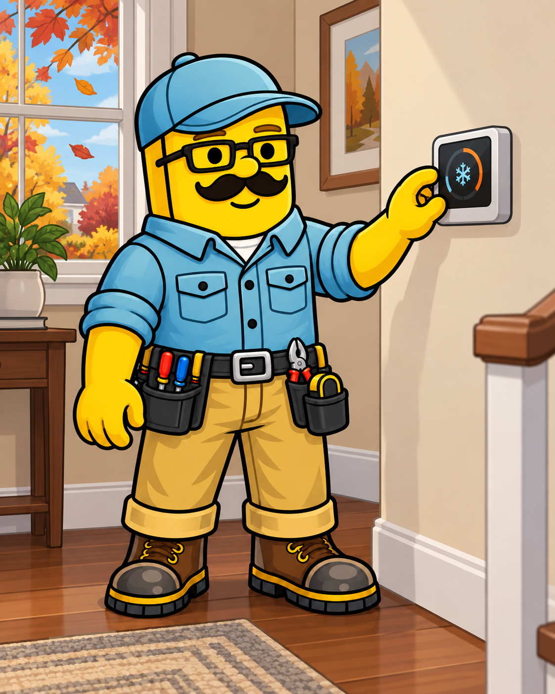 Illustrated homeowner checking an indoor thermostat in autumn