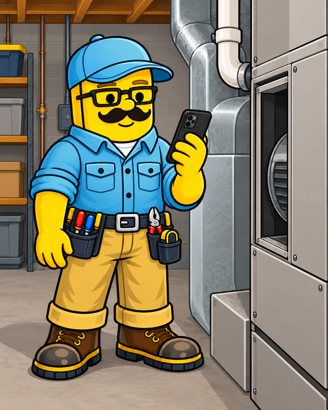 Illustrated homeowner holding a phone beside a furnace