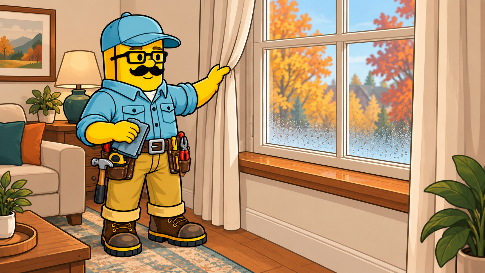 Stud Finder Studio character opening a window covering to improve airflow around the glass.