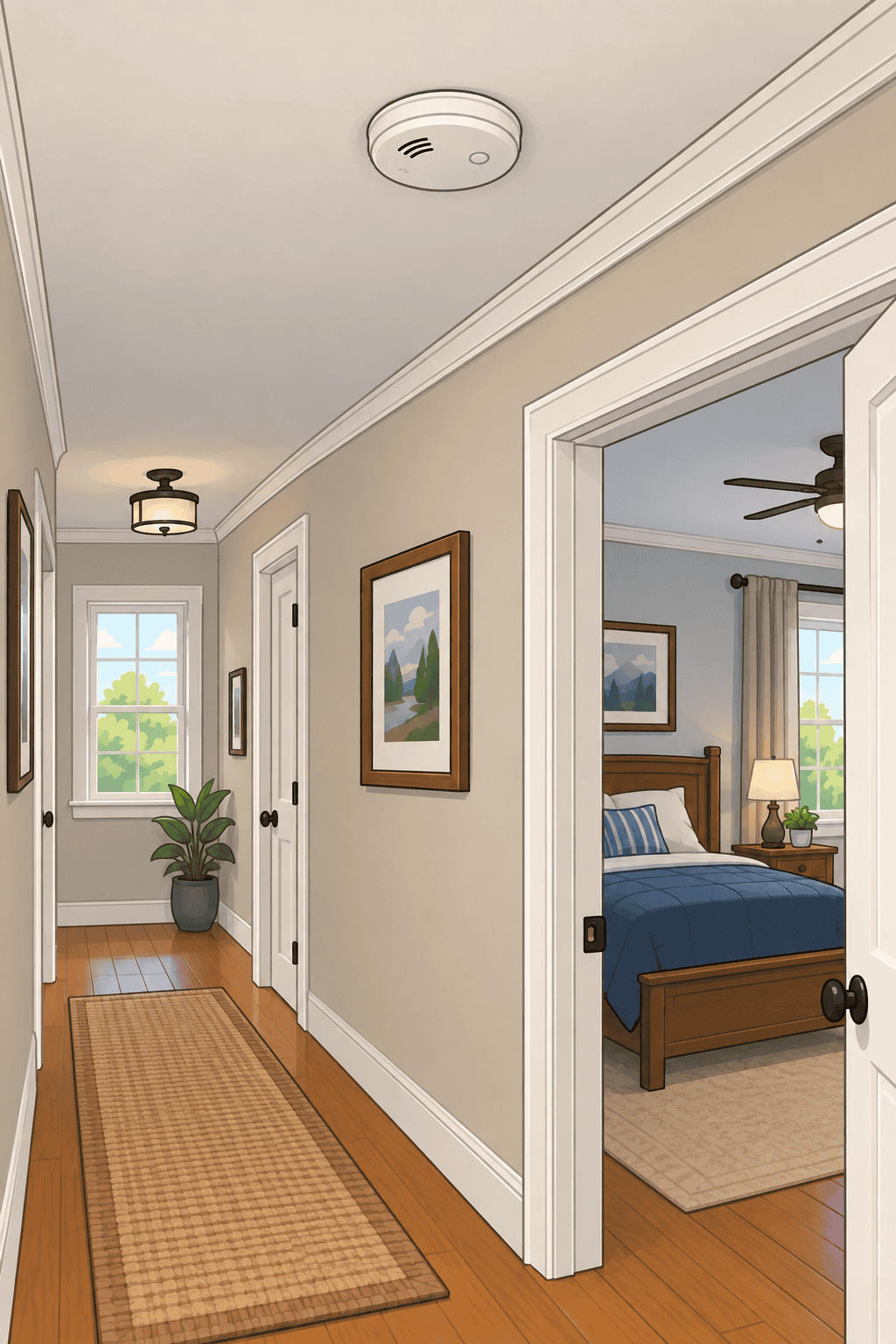 Smoke detector mounted on a hallway ceiling near a bedroom