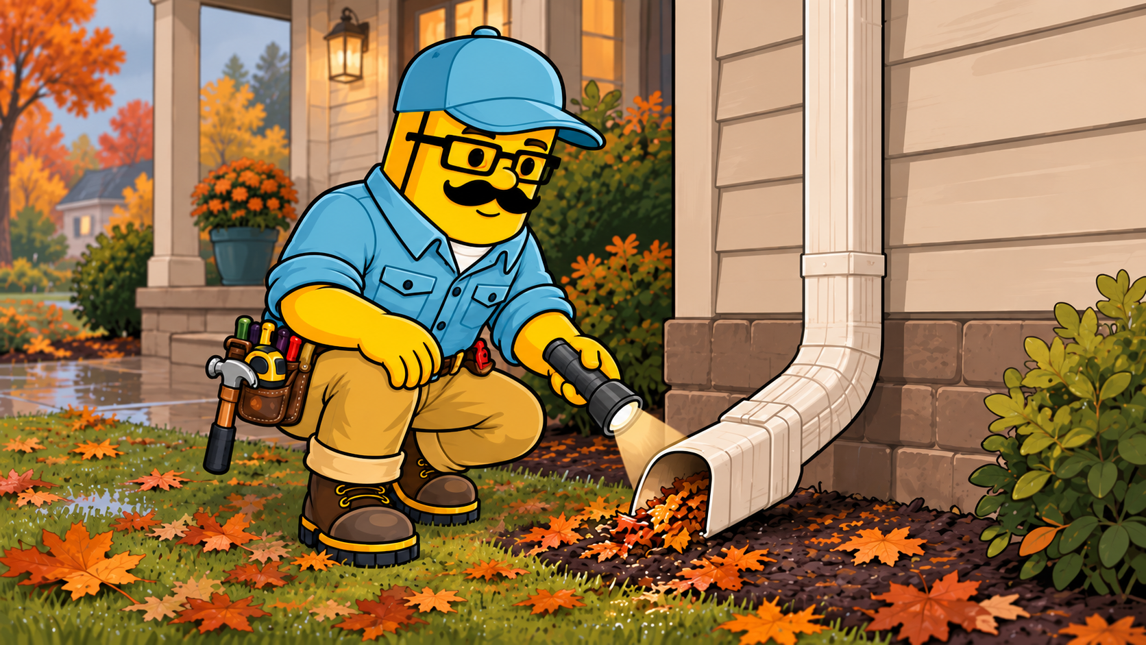 Stud Finder Studio character inspecting a downspout outlet for leaves and debris.