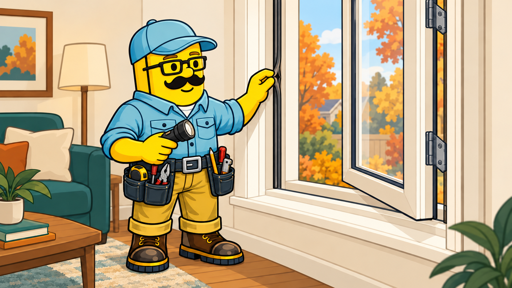 Stud Finder Studio character inspecting weatherstripping around a window.