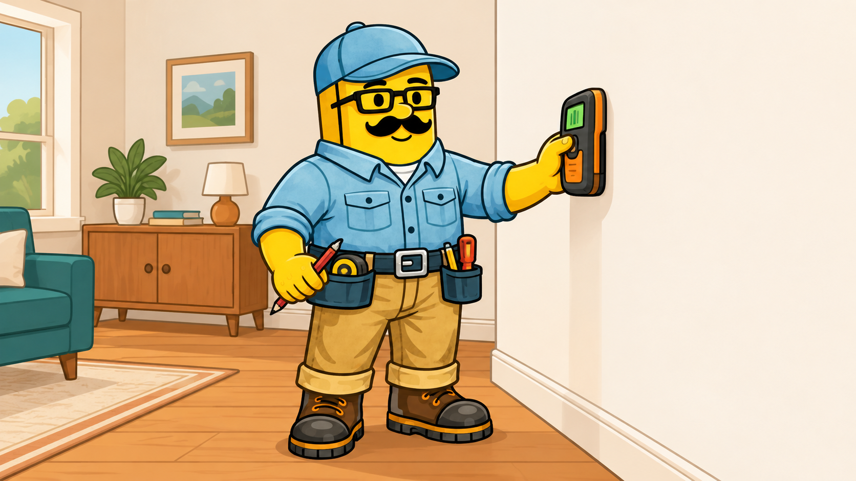 Stud Finder Studio character holding an electronic stud finder flat against a wall.