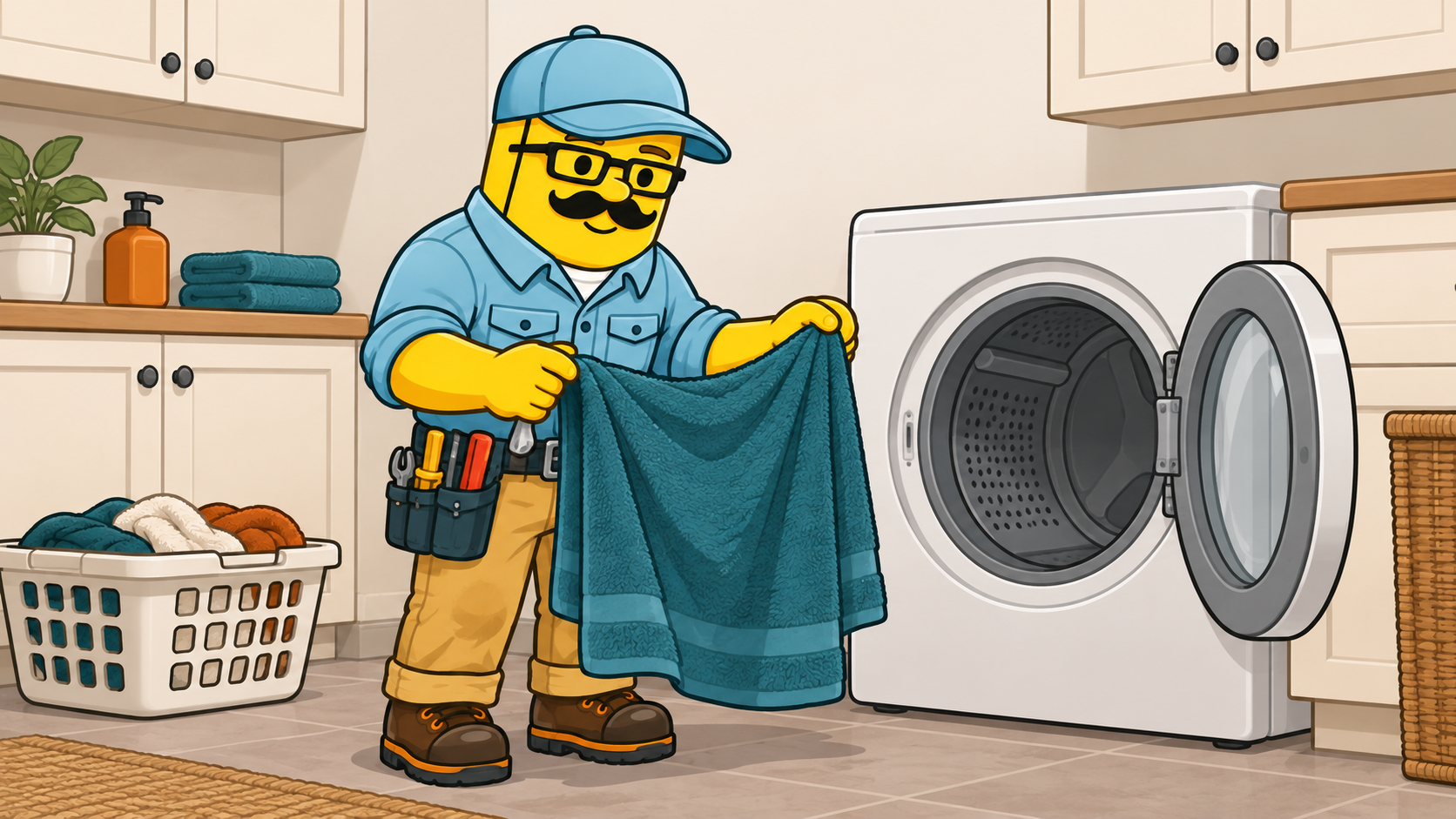 Stud Finder Studio character holding a towel beside a clothes dryer in a laundry room.