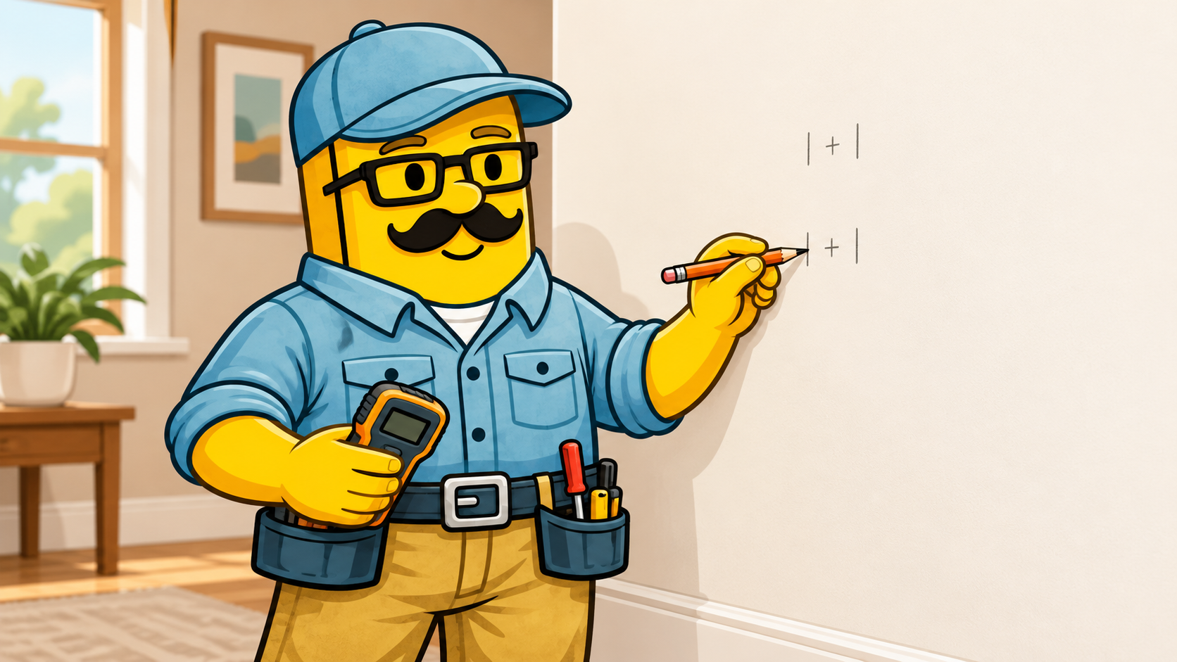 Stud Finder Studio character checking aligned wall marks with a magnetic stud finder.