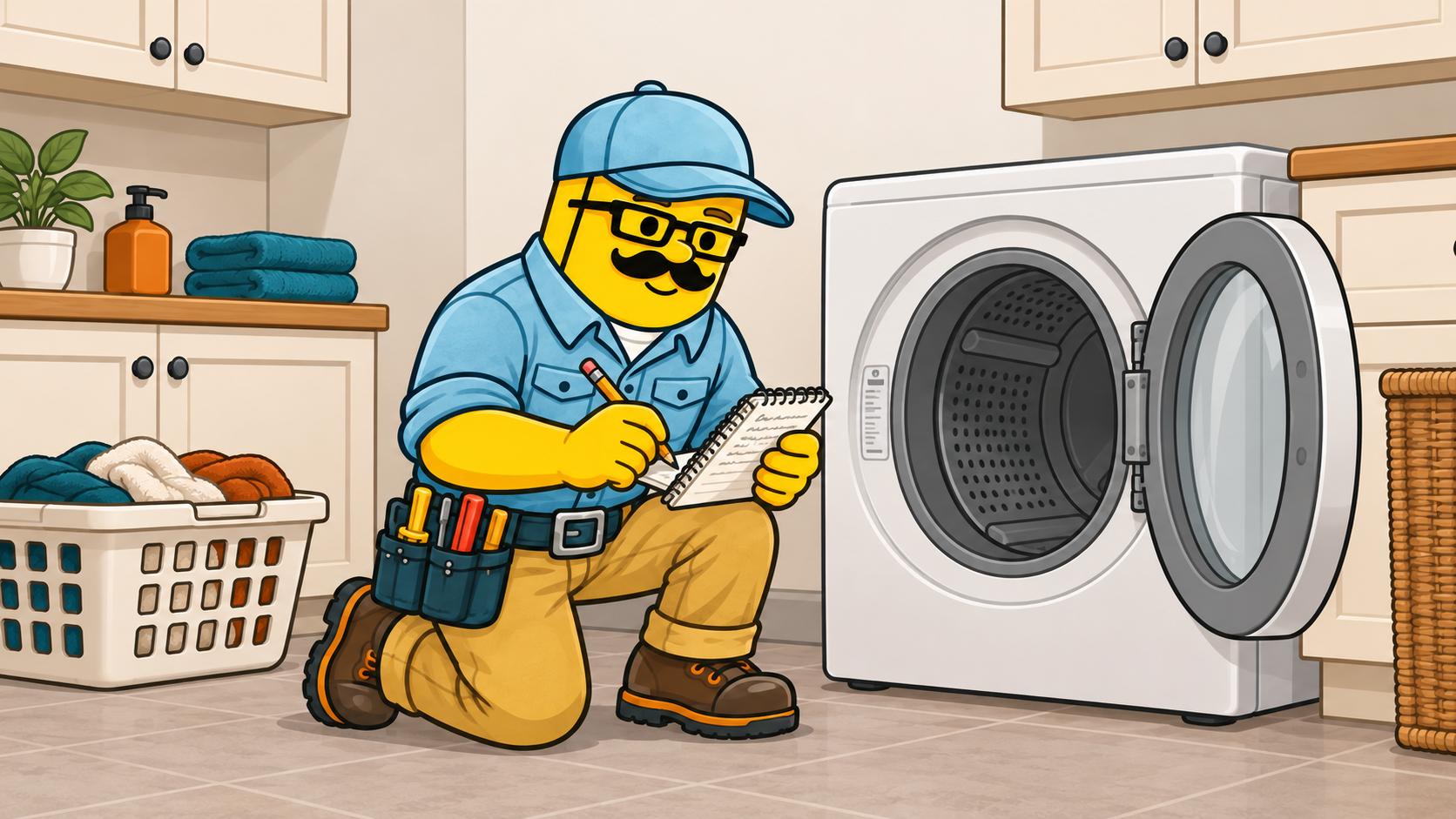 Stud Finder Studio character recording model information beside an open dryer.