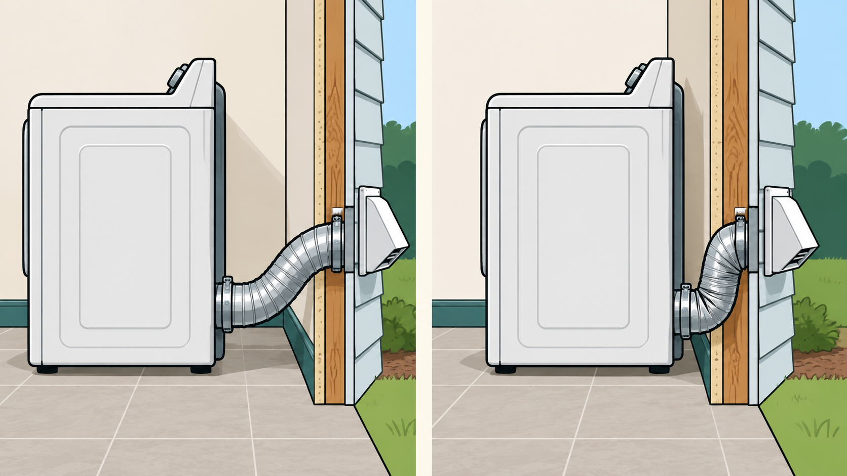 Side-by-side comparison of a clear dryer exhaust connection and a pinched dryer duct.