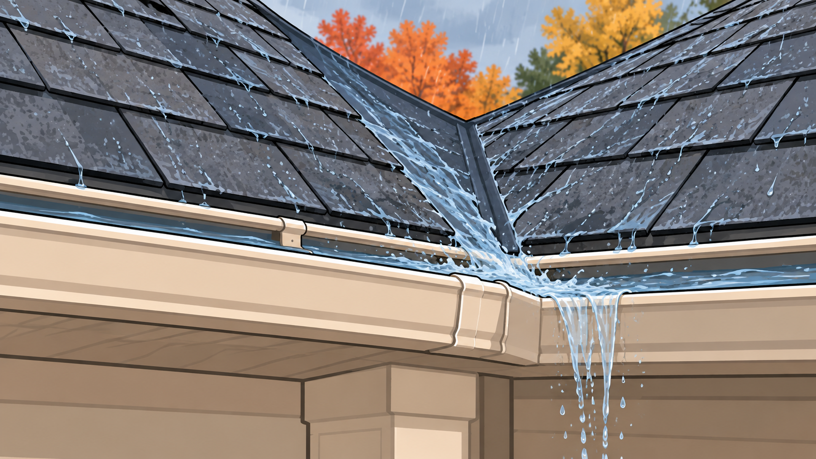 Concentrated rainwater flowing down a roof valley and overshooting an inside gutter corner.